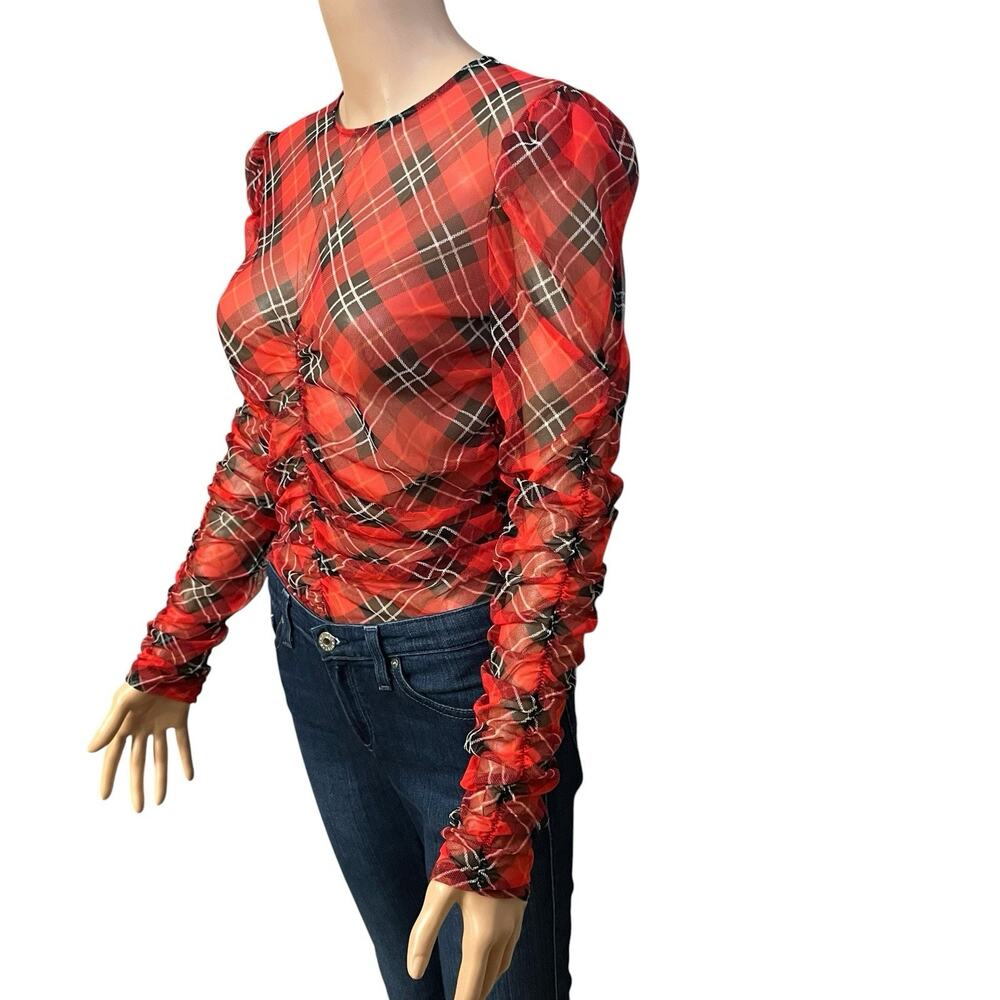 Victorias Secret Sheer Tartan Plaid Mesh Bodysuit Medium Ruched Long Sleeve Red - Picture 2 of 9